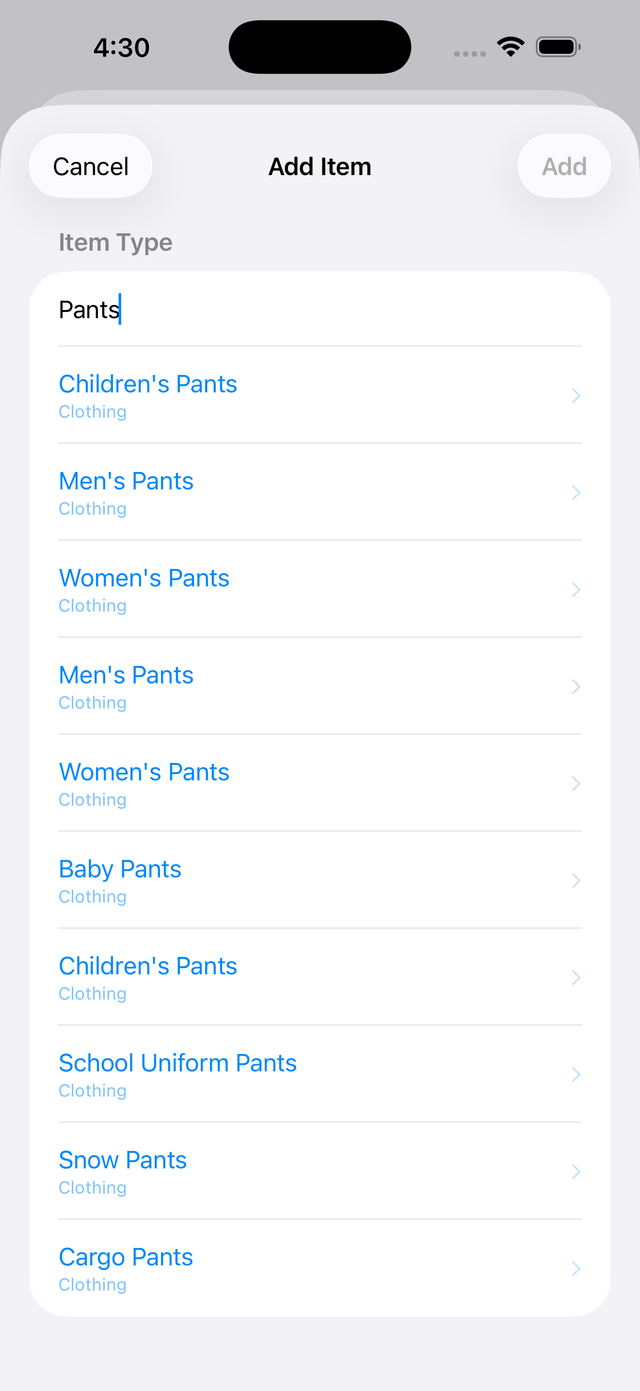 DonationValue item search showing results for a clothing search with instant valuation
