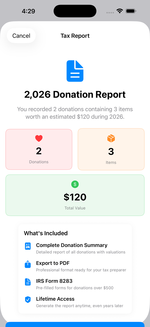 DonationValue tax report summary screen