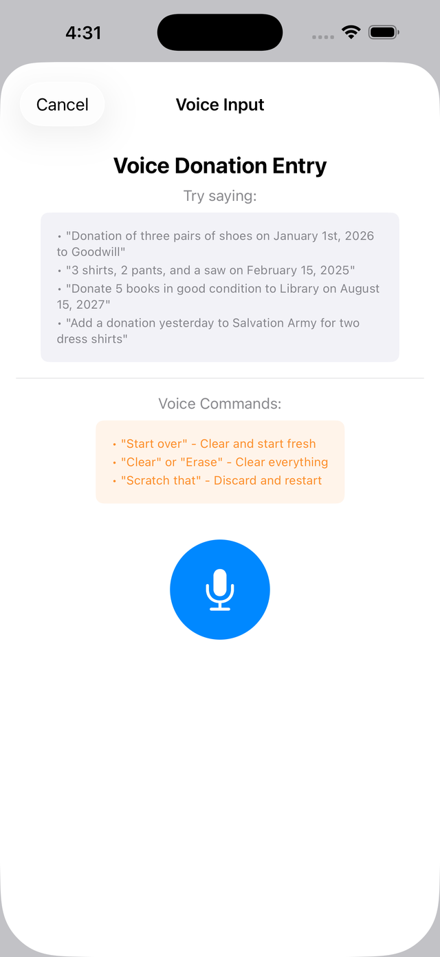 DonationValue voice donation entry screen with example phrases and a transcribed donation