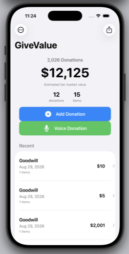 DonationValue dashboard showing year-to-date donation total, donation count, item count, and recent donations