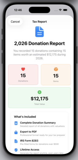 DonationValue tax report summary screen