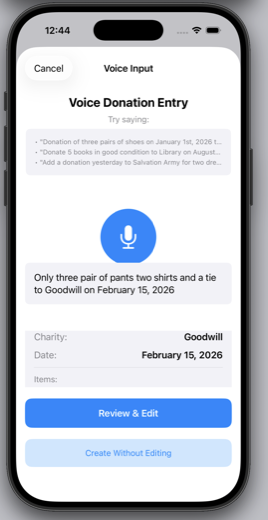 DonationValue voice input screen showing a parsed donation with charity and date