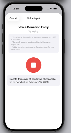 DonationValue voice donation entry screen with example phrases and a transcribed donation