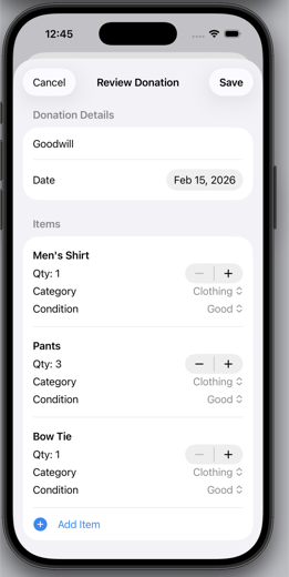 DonationValue review screen with items broken out by quantity, category, and condition